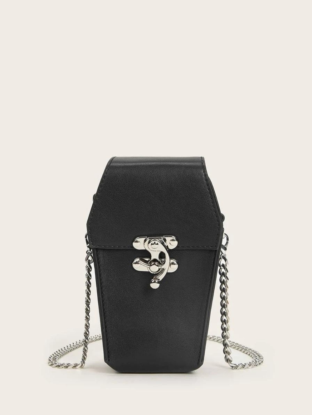 Black PU Leather Coffin Crossbody Bag with Silver Chain